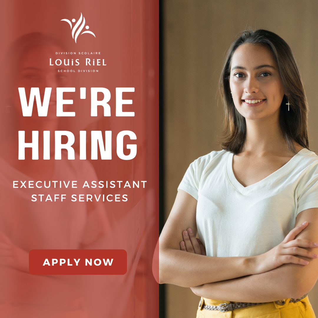 Woman in white t-shirt with arms crossed with a red overlay to the left reading: "We're Hiring Executive Assistant Staff Services Apply Now"