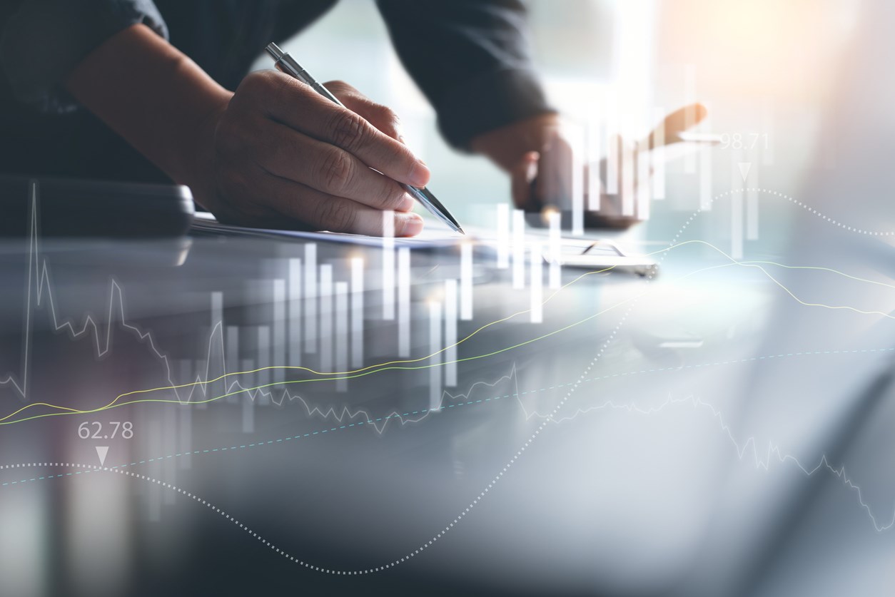 graphic, man with pen and graphs