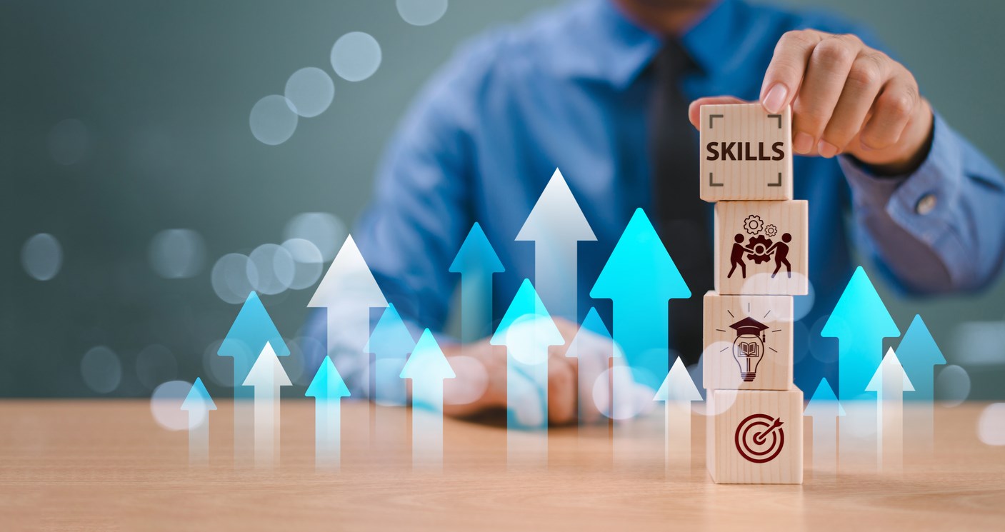 image graphic combo with person stacking wood blocks and arrows point up