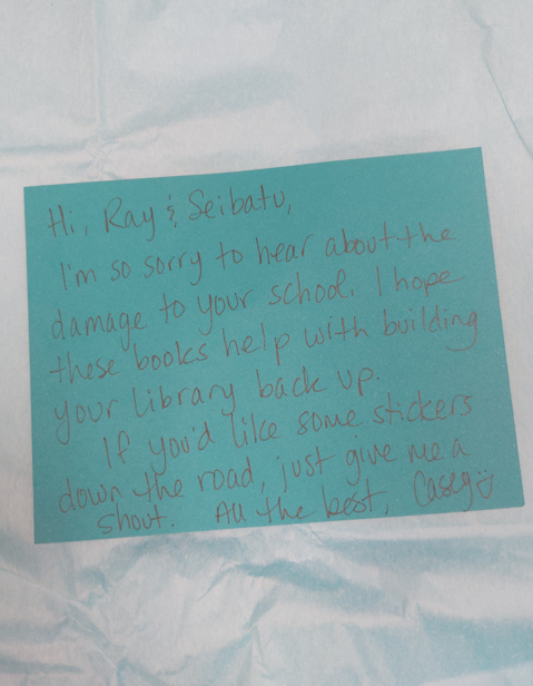 A handwritten note of support from Casey Lyall