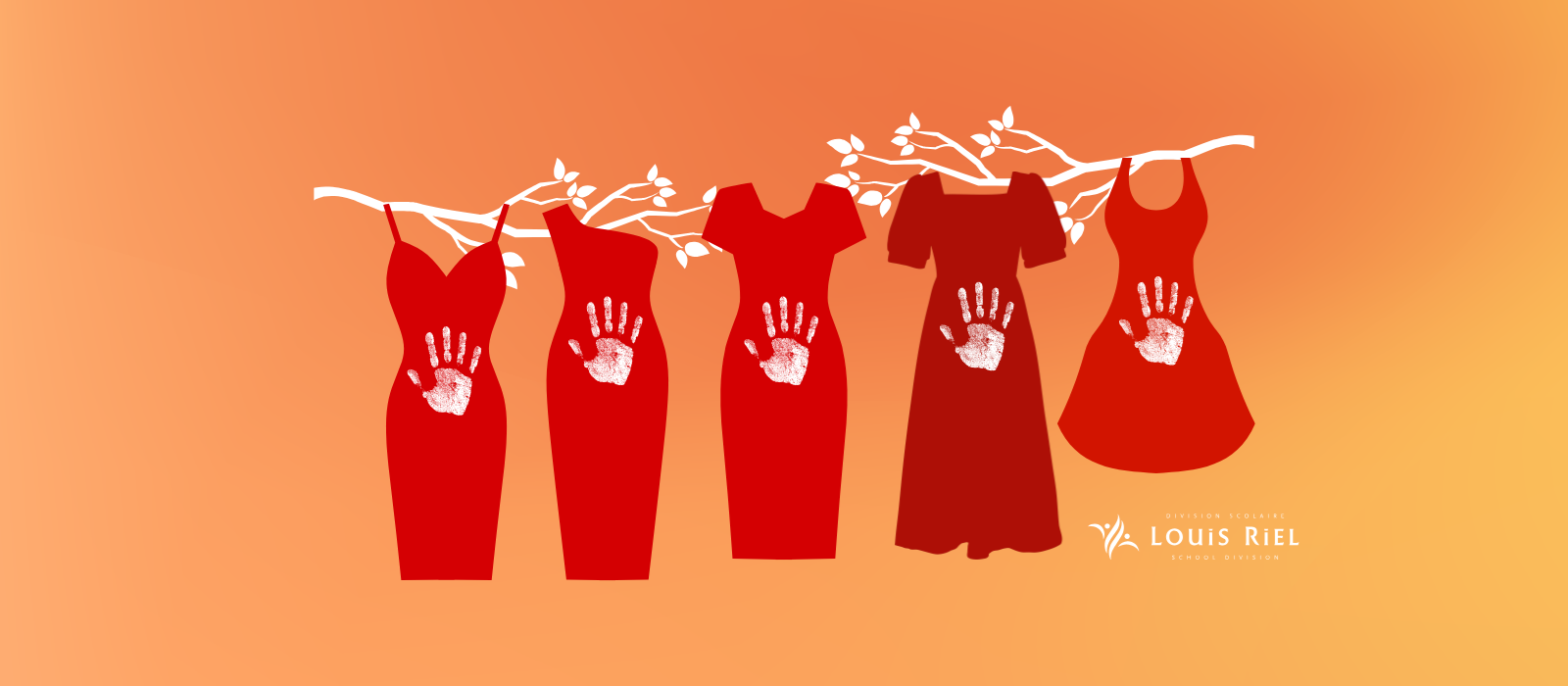 Red Dresses hanging from branches with white painted hand prints on them.